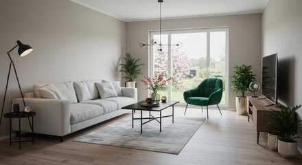 Fototapeta premium Realistic Interior Living Room with Sofa Chair and Wooden Floor