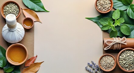 Calming Ayurvedic Nature Elements Backdrop Earthy Tones Leaves Herbs Medicinal Plants