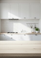 Realistic Kitchen Interior White Cabinets Wooden Countertop Sunny Table