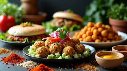 Variety of food items are laid out on a table, including a plate of meatballs, a sandwich, and several bowls of different sizes
