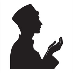 Profile view of a person in Munajat, hands outstretched in prayer, black silhouette on a white background 