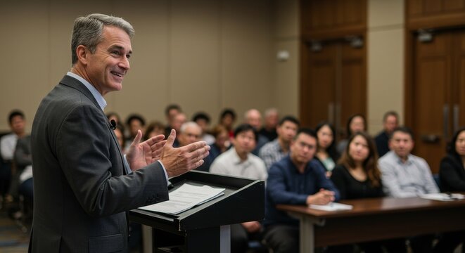 Presentation Photo of Speaker Giving a Speech at Conference with Audience