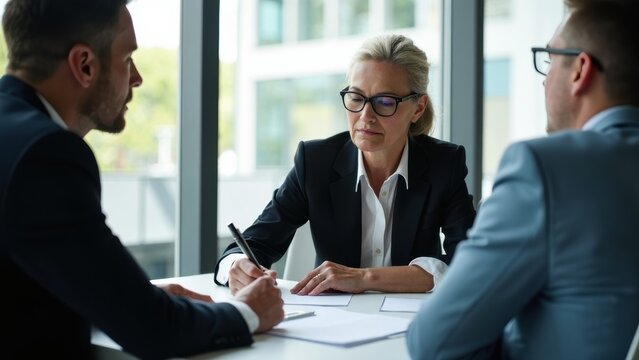 Businesswoman wearing glasses reviews an agreement document at a modern office desk, while two men listen attentively, showcasing concentration and professionalism.