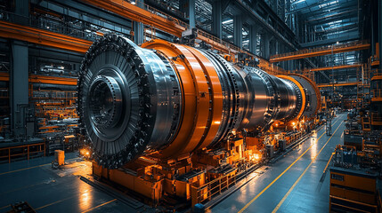 Industrial machinery, large turbine, in a modern factory, with orange support structures and lighting.