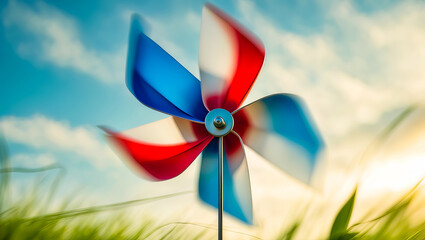 A colorful pinwheel spinning in a field of green grass against a bright sky with fluffy clouds above it
