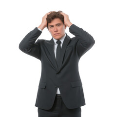 A frustrated businessman in a suit with his hands on his head, conveying stress and anxiety in a corporate environment. Isolated on a white background for clear focus.