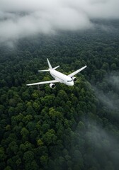 Realistic Image Airplane Flies Above Dense Green Forest Clouds