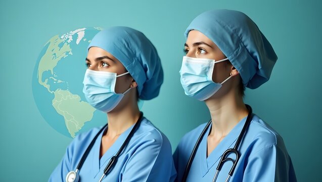 Global Healthcare Heroes: Medical Professionals in Protective Gear with World Map Backdrop