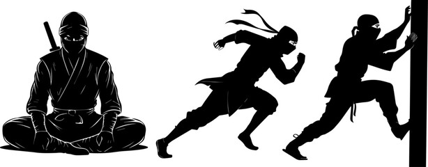 Ninja in Various Poses - Meditation, Running, and Wall Climbing Silhouettes © Rezowan 