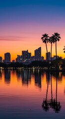 Scenic Evening Cityscape Sunset Palm Tree Skyline Water Reflection
