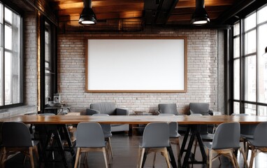Industrial-style cafe with blank poster