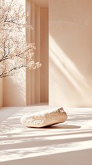 Beige Minimalist Courtyard with Rock and Blooming Tree