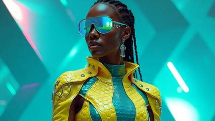 Portrait of a female model, standing against a holographic geometric background