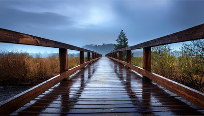 Obraz premium Wooden bridge under rain in the savannah.