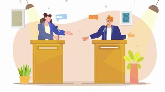 Animated illustration of two people debating on separate podiums