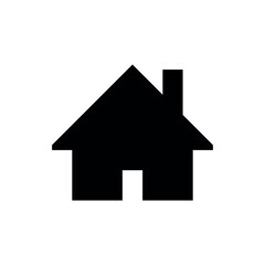 Illustration of a simple house with a chimney and a triangular roof, depicted in a solid black color scheme on a white background