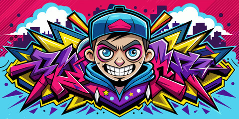 Hip-hop inspired graffiti with a character wearing a cap and hoodie.