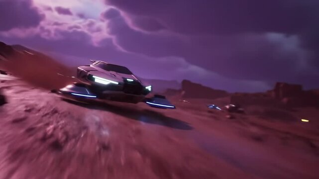 Futuristic racing scene with neon-lit hover cars speeding over sci-fi desert landscape