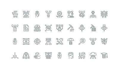 Model processing, circuit and network thin black symbols vector illustration. Machine learning, digital algorithm system, process of tech data automation, classification line icon set.