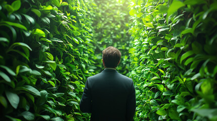 Businessman Interacting with Interactive Smart Wall Showing Environmental Footprint and ESG Benchmarking