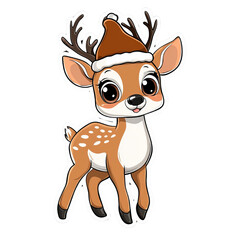 Obraz premium Adorable deer with red hat, reindeer in santa hat, look so happy and have smile. it bring joy to season and christmas spirit