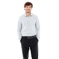 Fototapeta premium Confident young man in a formal white shirt and black trousers, smiling while standing with hands in pockets, isolated on a white background.