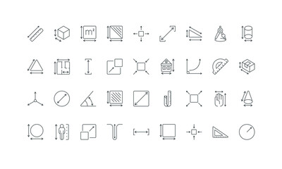 Precision measuring of person height, building and box thin black symbols vector illustration. Measurement space, length and width, thickness of geometric shape, dimension arrows line icon set.