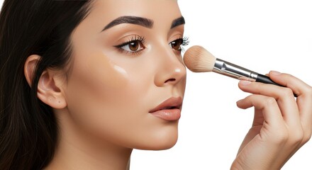 Fototapeta premium Realistic Image of Woman Applying Makeup With Brush On Face