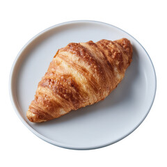 Golden flaky croissant on a white plate, perfect for breakfast or brunch, showcasing delicious pastry layers and buttery texture.