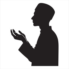 Profile view of a person in Munajat, hands outstretched in prayer, black silhouette on a white background 