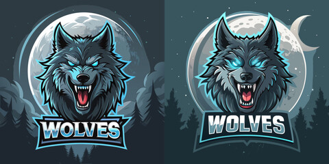 Angry wolf mascot logos with glowing eyes under full moon, perfect for dark fantasy, esports, wilderness themes, or howling identity branding for game streaming, vector