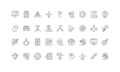 Time management, process control thin black outline symbols vector illustration. Business strategy, SWOT approach for project productivity, success vision, solution to growth line icon set.