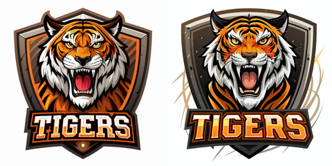 Roaring tiger mascot logos with bold expressions in dynamic sports shield designs, ideal for gaming, sports teams, or branding projects seeking fierce identity, vector