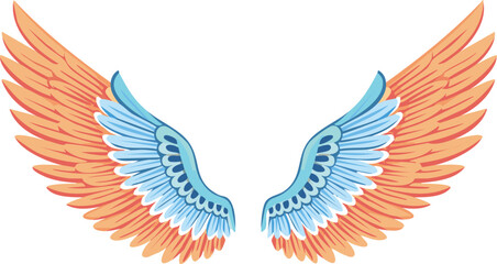 Fototapeta premium Vector Artwork of Embroidered-Style Angel Wings in Vibrant Hues Frontal Perspective with Soft Shadows and Cartoon Illustration Aesthetic
