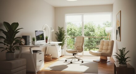 Fototapeta premium Realistic Interior Home Office with Modern Furniture and Potted Plants