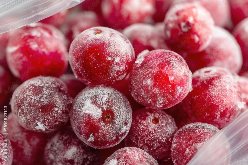 Poster frost-covered berries in a ziplock bag on a white background revealing their vibrant color and icy t
