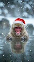 Realistic Photo Monkey in Snowy Winter Wearing Red Christmas Hat