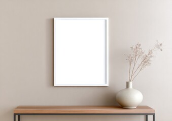 Minimalist interior scene with a blank frame on a beige wall, a simple wooden console, and a vase holding dried branches, Minimalist home decor.