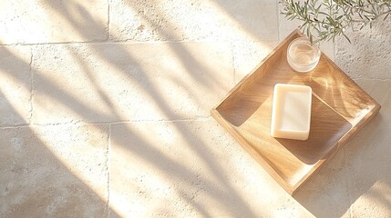 Beige Soap Bar and Dish in Wooden Tray on Ceramic Surface with Sunlight