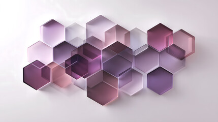 Obraz premium Abstract composition of translucent violet hexagons layered over a white background, casting soft shadows and creating a modern, geometric 3D effect.