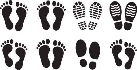 Barefoot and shoe prints silhouette set