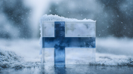 The Finnish flag is encased in a frosty ice block surrounded by snow, with falling flakes creating a wintry scene that evokes cold climate and national pride.