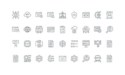 Deploy and operate, build and test code, language thin black outline symbols vector illustration. Programming and coding, API system, technical maintenance service for code line icon set.