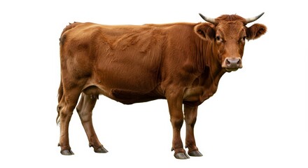 Realistic Portrait Of A Brown Cow Isolated On White Background