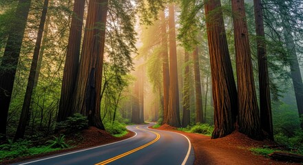 Obraz premium Scenic Road Winding Through Redwood National Forest Majestic Ancient Trees