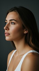 Realistic Profile Portrait Of Young Brunette Woman Against Gray Background