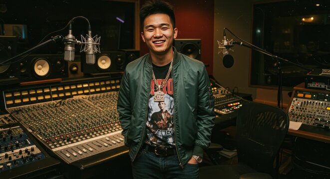 Recording Studio Photo Asian Man Mixing Music on Audio Console