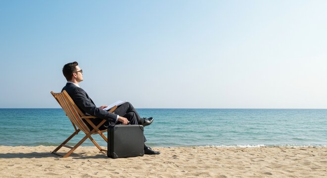 Relaxing Businessman in Suit on Beach Sand Photo Summer Getaway