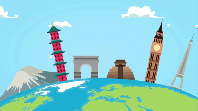 World travel concept featuring airplane and famous landmarks around globe