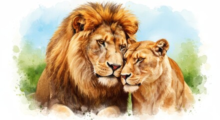 Watercolor Lion and Lioness Affection Illustration Feline Love